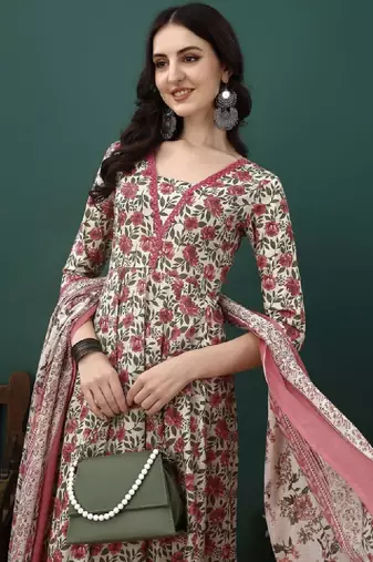 Floral printed pure cotton anarkali kurta with trousers & dupatta