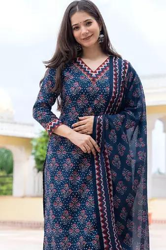Floral printed straight kurta with trousers & dupatta