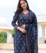 Floral printed straight kurta with trousers & dupatta
