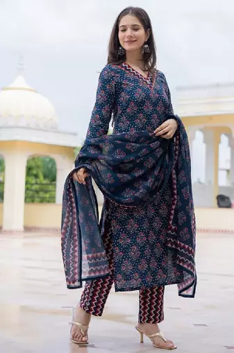 Floral printed straight kurta with trousers & dupatta