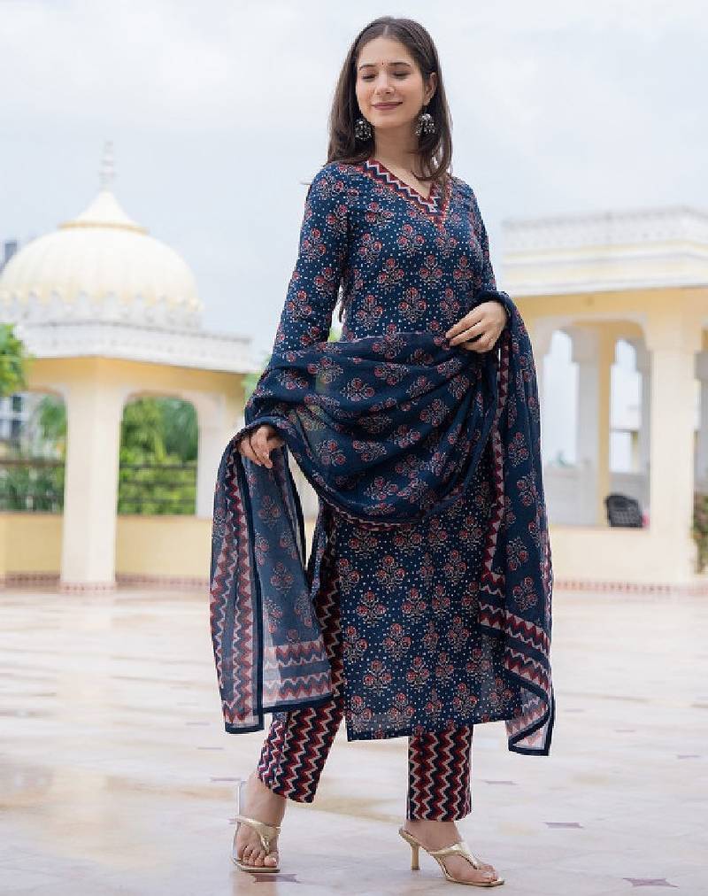 Floral printed straight kurta with trousers & dupatta