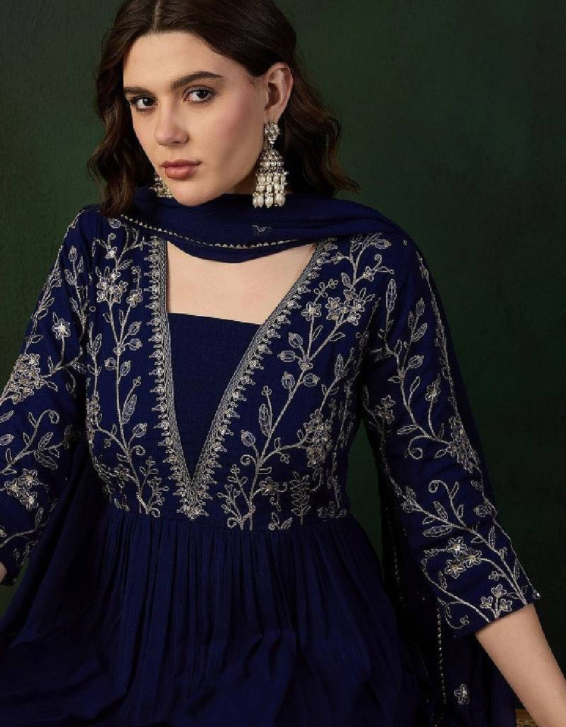 Navy blue ethnic motifs embroidered a-line kurta with trouser & dupatta