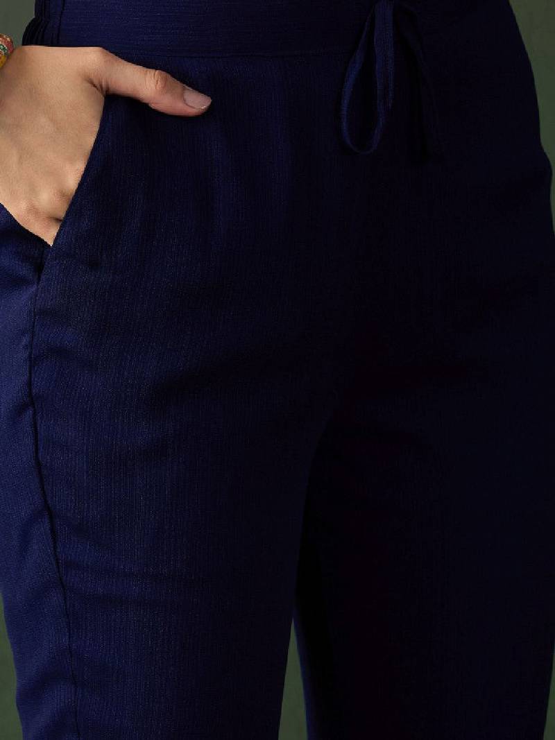 Navy blue ethnic motifs embroidered a-line kurta with trouser & dupatta