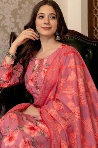 Floral printed mirror work straight kurta with trousers & dupatta