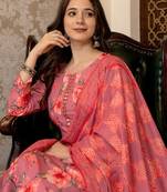 Floral printed mirror work straight kurta with trousers & dupatta