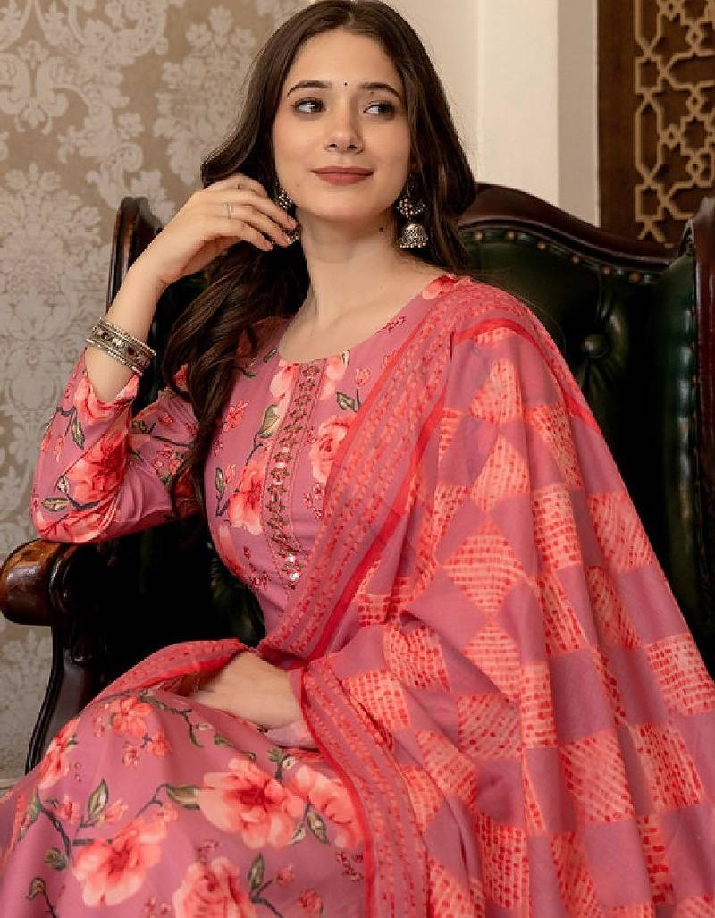 Floral printed mirror work straight kurta with trousers & dupatta