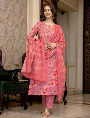 Floral printed mirror work straight kurta with trousers & dupatta 2