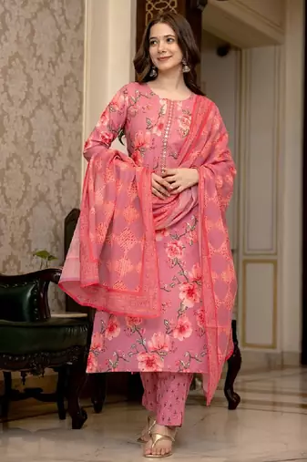 Floral printed mirror work straight kurta with trousers & dupatta