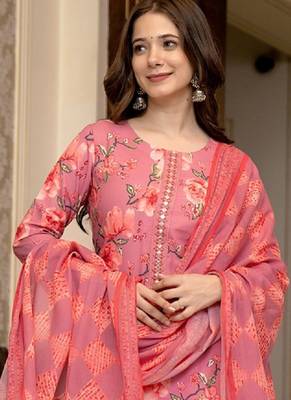 Floral printed mirror work straight kurta with trousers & dupatta 3
