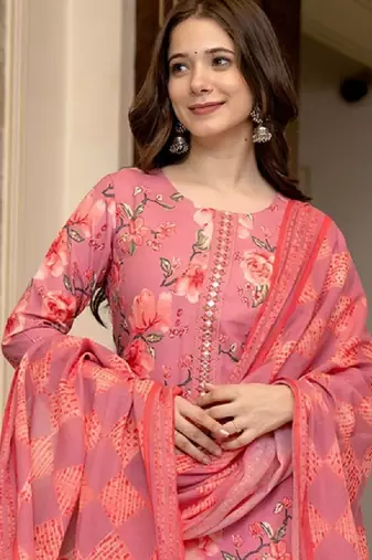 Floral printed mirror work straight kurta with trousers & dupatta