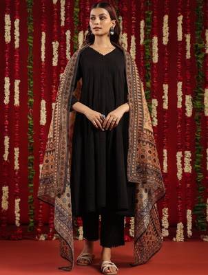 Black & orange geometric woven design cotton anarkali kurta with trousers & dupatta 1