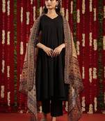 Black & orange geometric woven design cotton anarkali kurta with trousers & dupatta