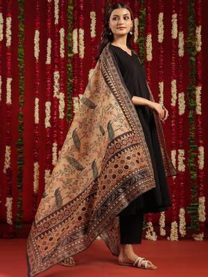 Black & orange geometric woven design cotton anarkali kurta with trousers & dupatta 3
