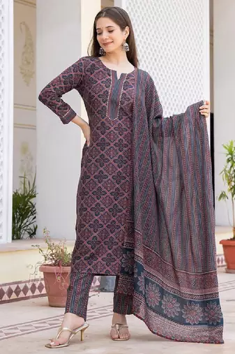 Ethnic motifs printed regular gotta patti straight kurta with trousers & dupatta