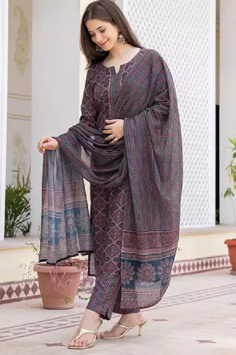 Ethnic motifs printed regular gotta patti straight kurta with trousers & dupatta