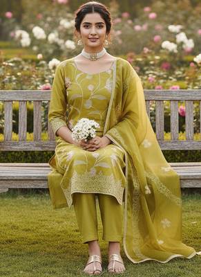 yellow embroidered glaze cotton unstitched dress material  2