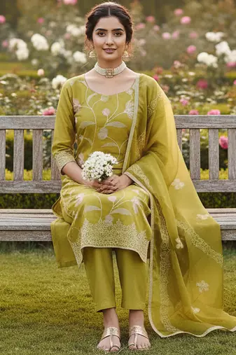 yellow embroidered glaze cotton unstitched dress material 