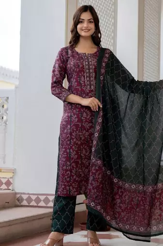 Floral printed notch neck straight kurta with trousers & dupatta