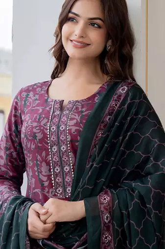 Floral printed notch neck straight kurta with trousers & dupatta