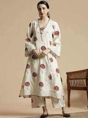 Floral printed v-neck schiffli work pure cotton a-line kurta with palazzo 1