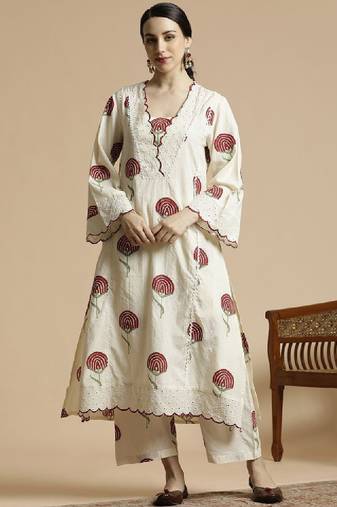 Floral printed v-neck schiffli work pure cotton a-line kurta with palazzo
