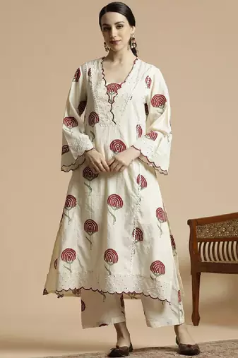 Floral printed v-neck schiffli work pure cotton a-line kurta with palazzo
