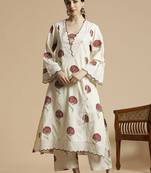 Floral printed v-neck schiffli work pure cotton a-line kurta with palazzo