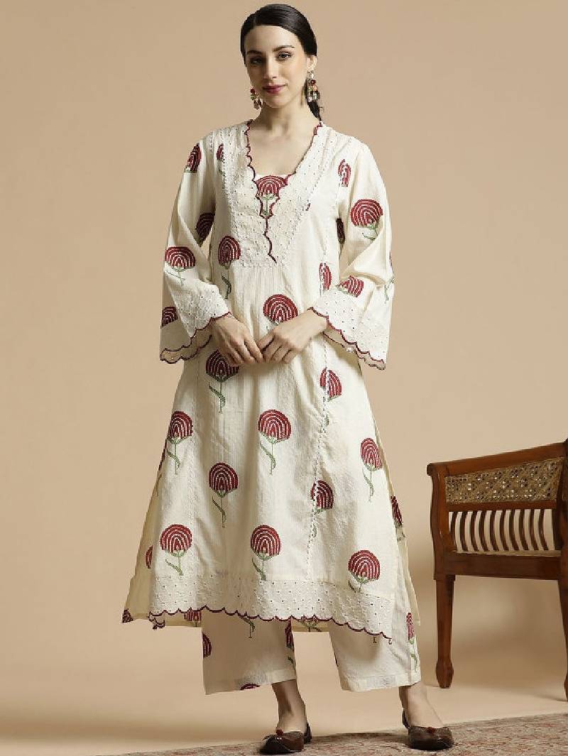 Floral printed v-neck schiffli work pure cotton a-line kurta with palazzo