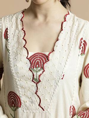 Floral printed v-neck schiffli work pure cotton a-line kurta with palazzo 2