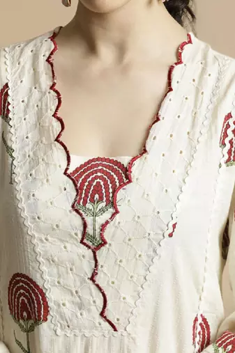 Floral printed v-neck schiffli work pure cotton a-line kurta with palazzo