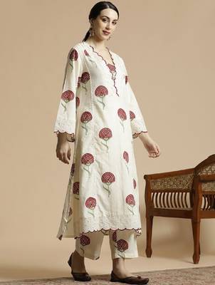 Floral printed v-neck schiffli work pure cotton a-line kurta with palazzo 3
