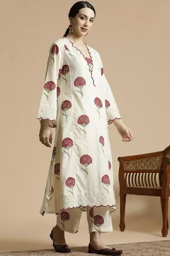 Floral printed v-neck schiffli work pure cotton a-line kurta with palazzo