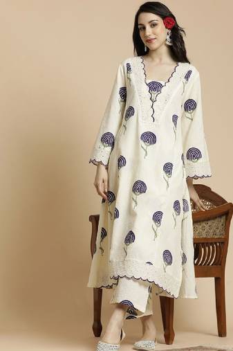 Floral printed bell sleeves schiffli work pure cotton a-line kurta with palazzos