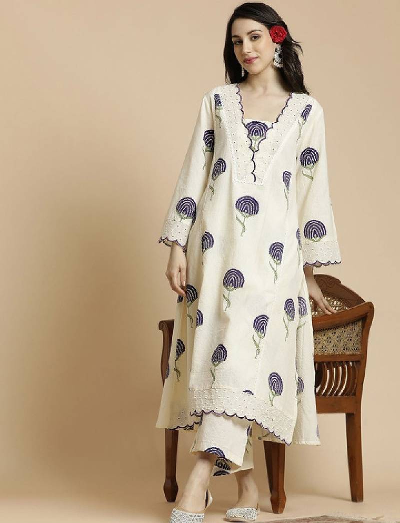 Floral printed bell sleeves schiffli work pure cotton a-line kurta with palazzos