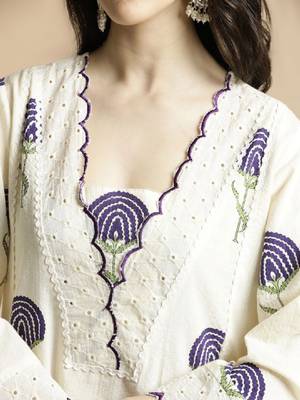 Floral printed bell sleeves schiffli work pure cotton a-line kurta with palazzos 2