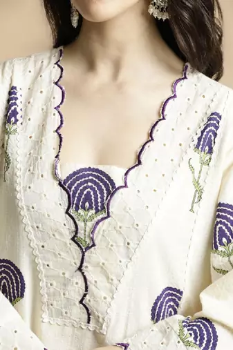 Floral printed bell sleeves schiffli work pure cotton a-line kurta with palazzos