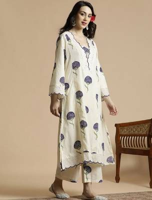 Floral printed bell sleeves schiffli work pure cotton a-line kurta with palazzos 3