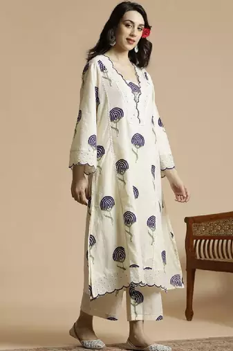 Floral printed bell sleeves schiffli work pure cotton a-line kurta with palazzos