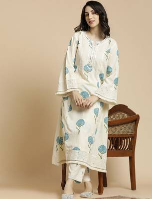 Off-white & blue printed notch neck schiffli work cotton a-line kurta & trouser 1