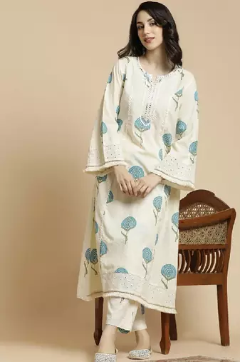 Off-white & blue printed notch neck schiffli work cotton a-line kurta & trouser