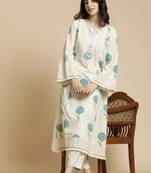 Off-white & blue printed notch neck schiffli work cotton a-line kurta & trouser