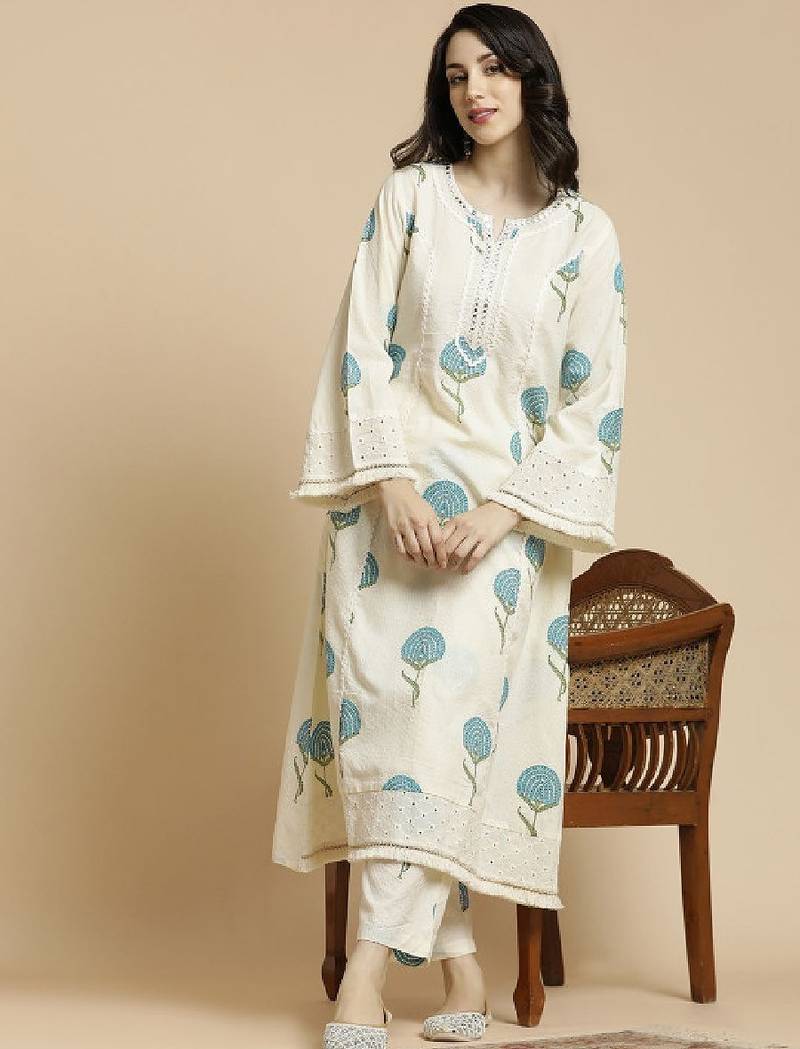 Off-white & blue printed notch neck schiffli work cotton a-line kurta & trouser