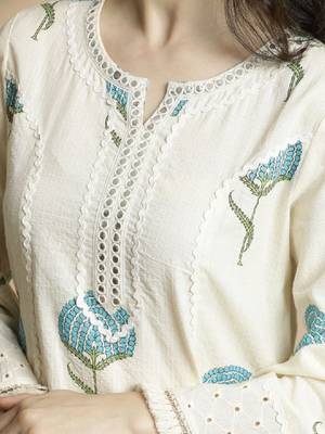 Off-white & blue printed notch neck schiffli work cotton a-line kurta & trouser 2