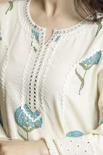 Off-white & blue printed notch neck schiffli work cotton a-line kurta & trouser