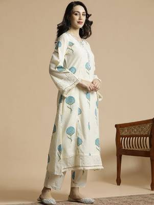 Off-white & blue printed notch neck schiffli work cotton a-line kurta & trouser 3