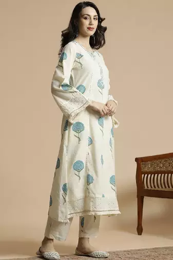 Off-white & blue printed notch neck schiffli work cotton a-line kurta & trouser