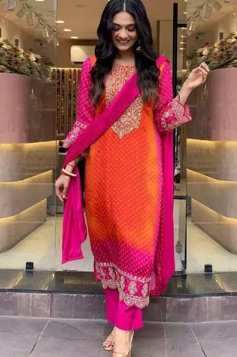 Bandhani printed sequinned embroidery work kurta with trousers & dupatta