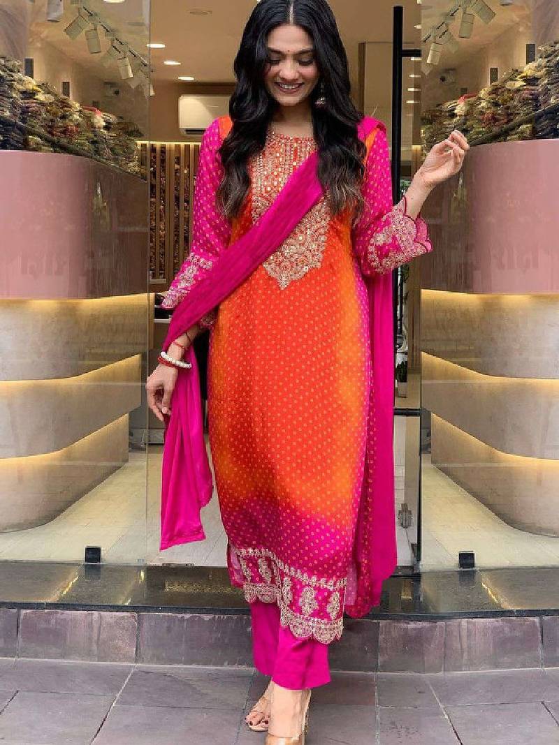 Bandhani printed sequinned embroidery work kurta with trousers & dupatta