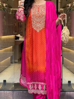 Bandhani printed sequinned embroidery work kurta with trousers & dupatta 2