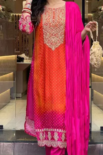 Bandhani printed sequinned embroidery work kurta with trousers & dupatta